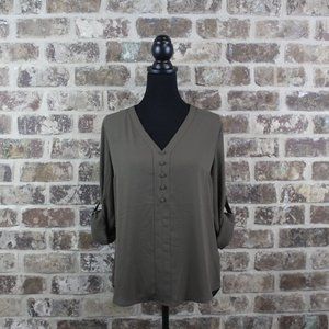 Express Olive Green Long Cuff Sleeve V Neck Business Casual Blouse Womens M